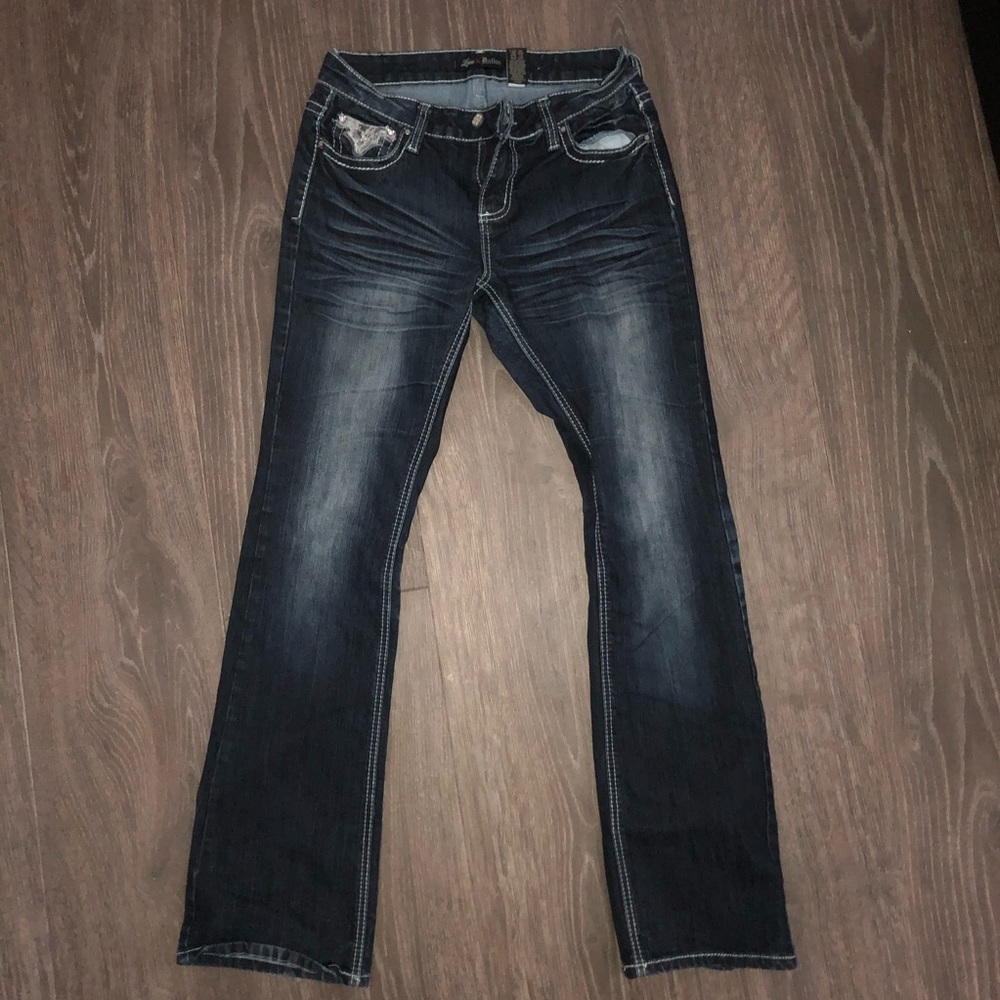 Boot Cut Faded Dark Blue Jeans w/ Pocket Detail